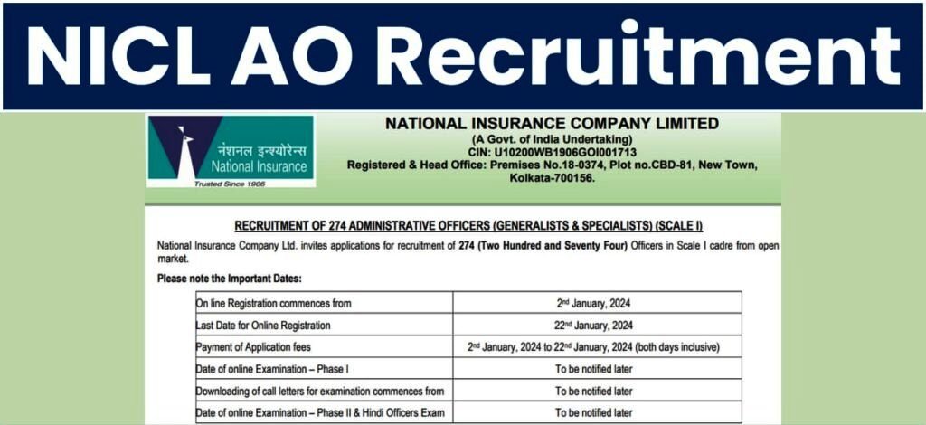 NICL AO Recruitment 2023-24 [274 Post] Notification Out for Generalist and Specialist Posts, Apply Now