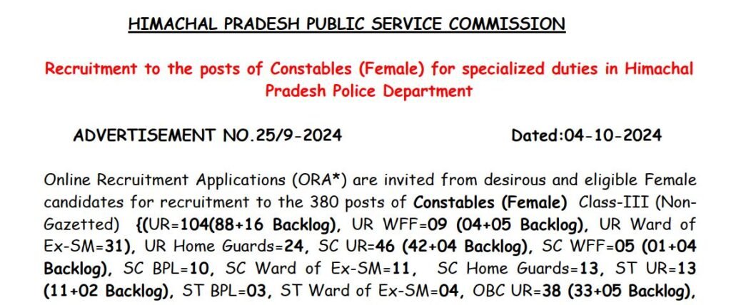 HP Police Constable Recruitment 2024 (Male and Female), Apply Now