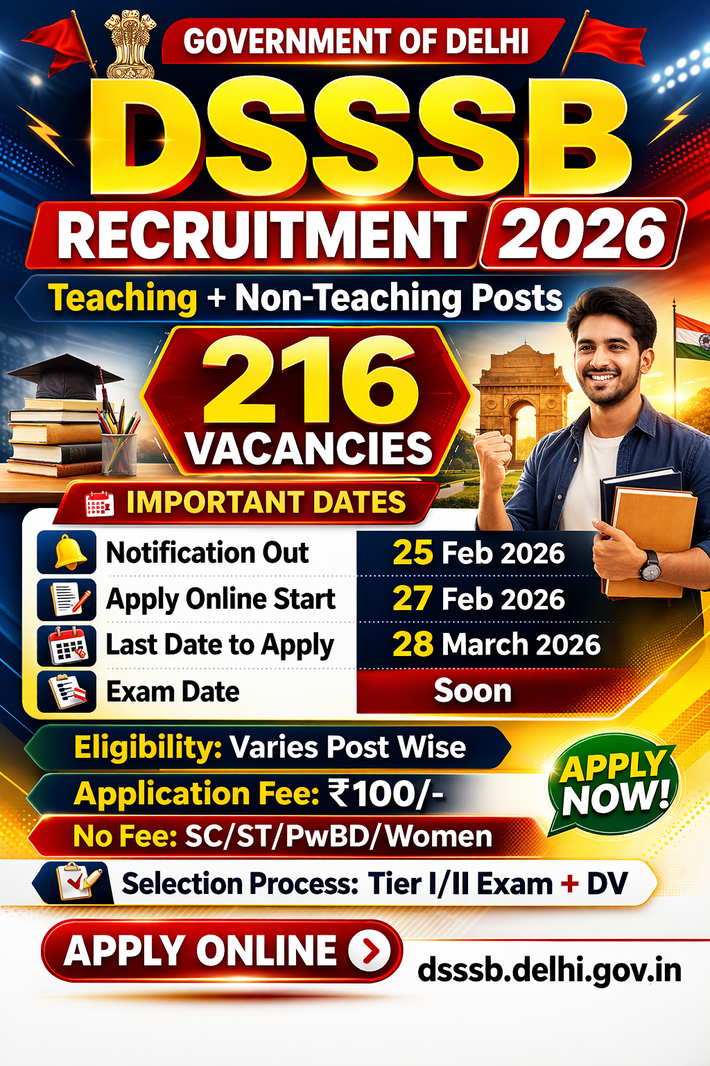 DSSSB Recruitment 2026: Apply Online for 216 Teaching & Non-Teaching Posts